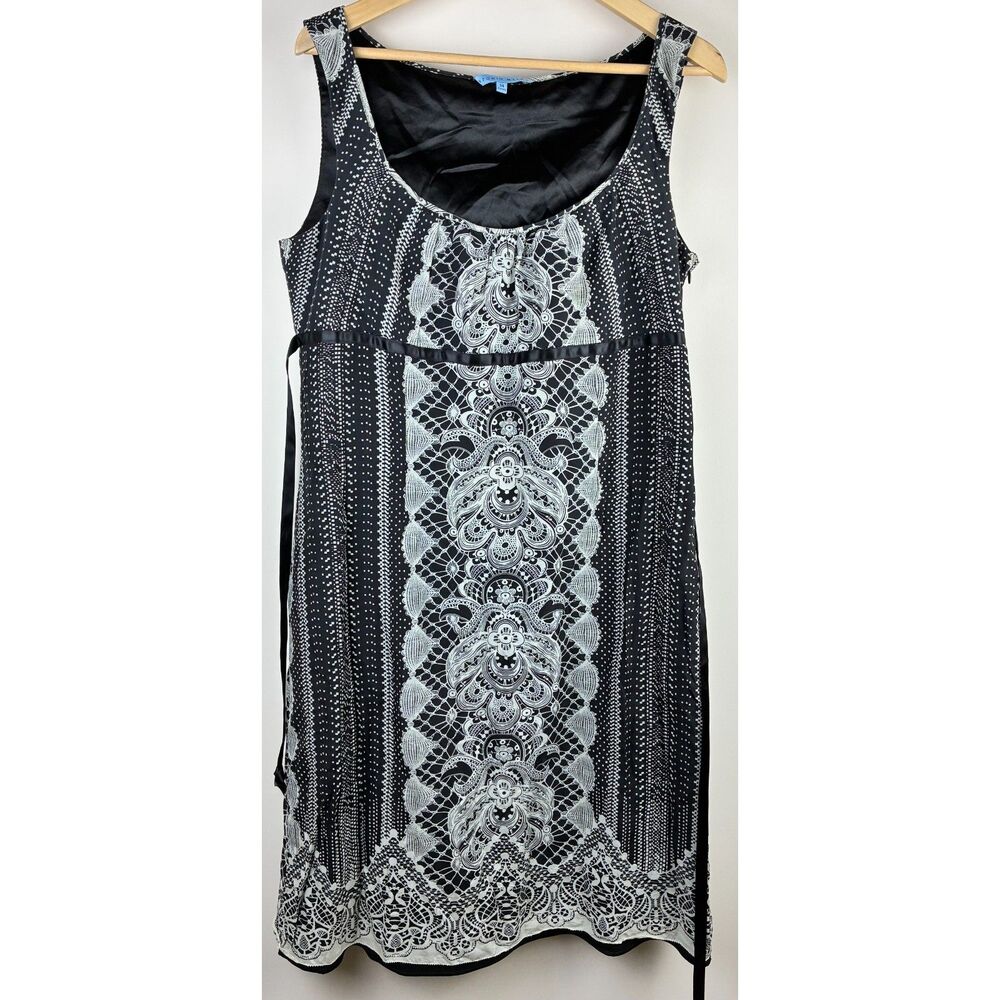 Antonio Melani Lace Print Empire Waist Dress Black White Sleeveless Size 14